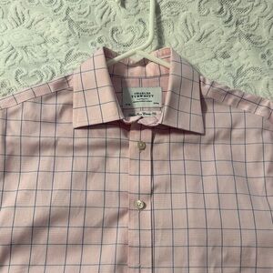 Charles Tyrwhitt Men's Long Sleeve Pink and Blue Grid Plaid Shirt size 15/33
